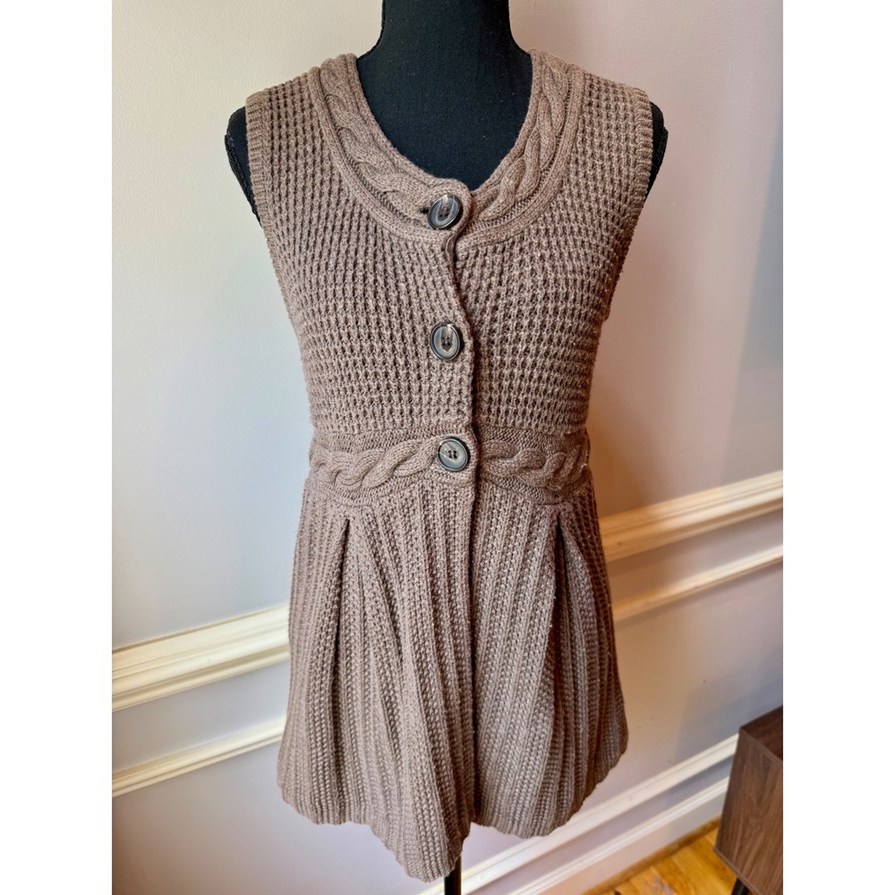 Eddie Bauer Brown Cable Knit Sweater Tunic Vest Button Front Wool Blend M